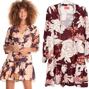 Maaji WONDERLAND DREAMS Long Sleeve Tunic Dress Sz L Asian Floral Coverup Beach